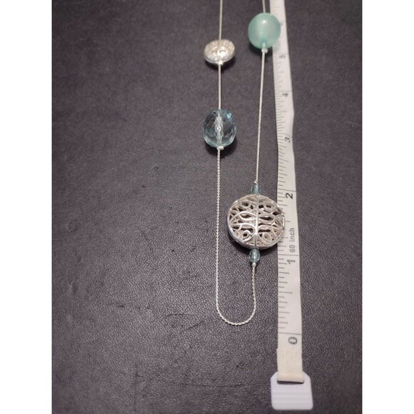 Silver tone and blue bead necklace 36" - Picture 9 of 12